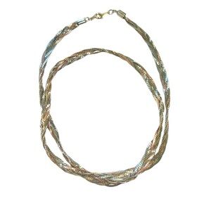 Vintage 80s TriColor Gold Silver Copper Braided Necklace 1980s Layering